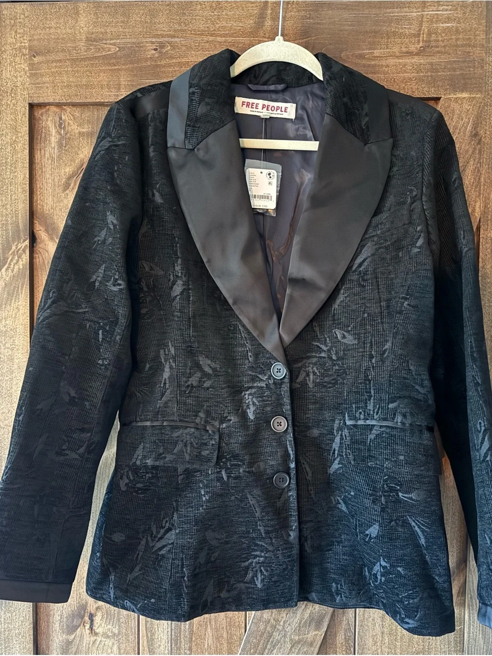 Free People Black Jacquard/Textured Satin-Lapel Blazer - NWT